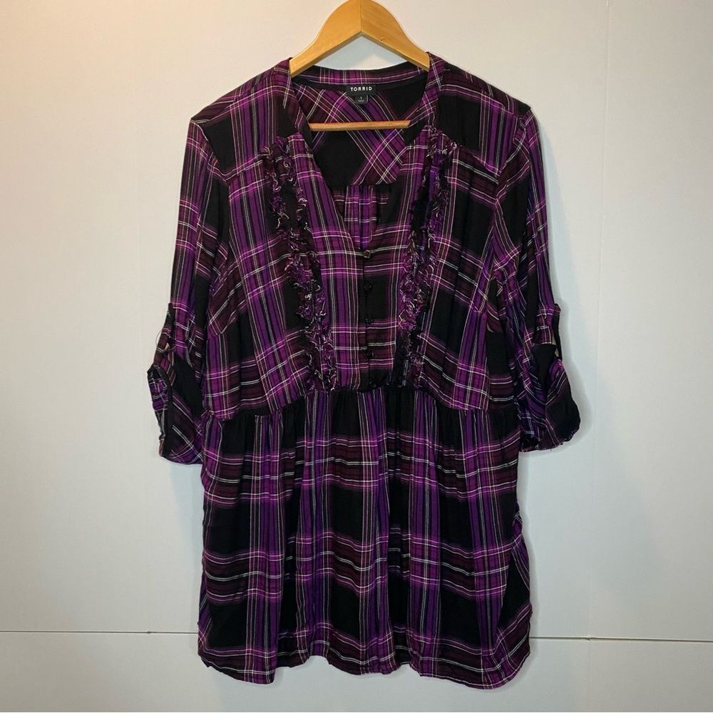 Torrid Purple Black Plaid Roll Tab Sleeve Ruffle Frill Detail Rayon Harper Top 1